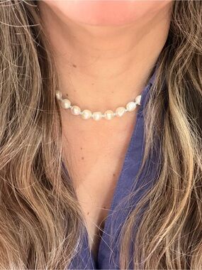 Handmade Freshwater Pearl Choker with Light Blue Spacer Beads